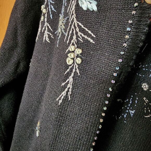 Stitches In Time Black Sweater Cardigan Size L Beading & Embroidered Cottagecore - Picture 8 of 16
